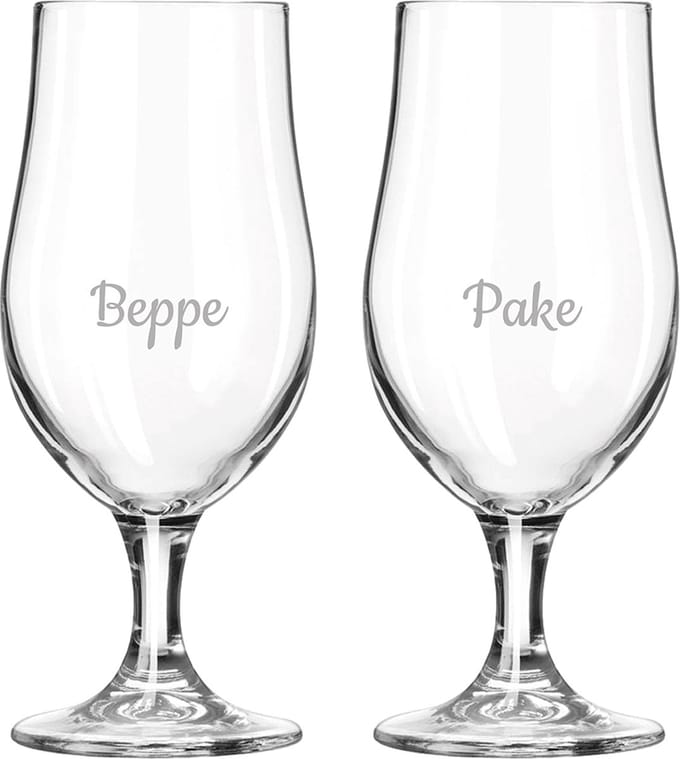Gegraveerde bierglas op voet 49cl Pake & Beppe