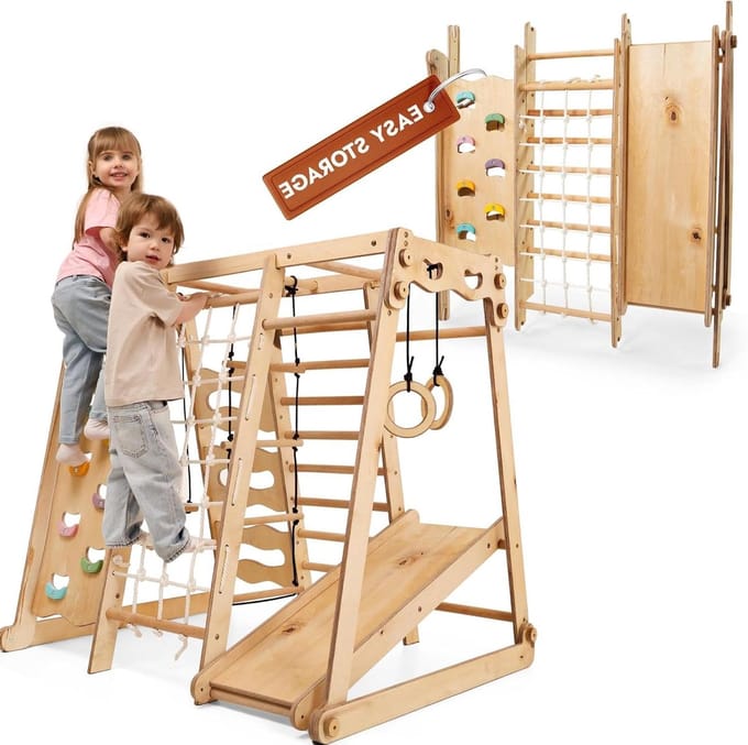 Houten Indoor Gym - Kinder Speeltoestel - Actieve Ontwikkeling - 9-in-1 Multifunctioneel - Compact Ontwerp - Beige