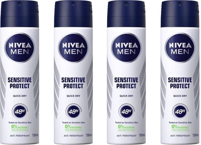 NIVEA MEN Sensitive Protect Deodorant Spray  0% Alcohol - Voordeelverpakking 4 x 150 ml