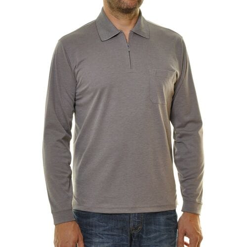 Ragman Zipper Softknit Polo Longsleeve Breast Pocket Silver / male