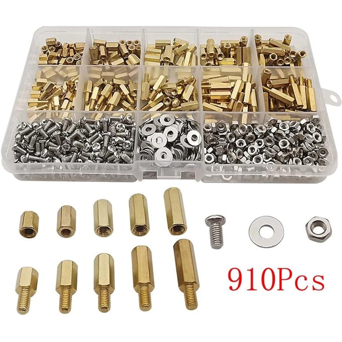 910 stuks set M3 Mannelijk Vrouwelijk Zeskant Messing Afstandshouder Kit met Schroef Moer en Ring pcb moederbord afstandshouder Assortiment