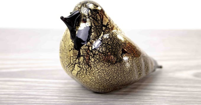 Murano Glas Duif Zwart met bladgoud 8x10 cm.