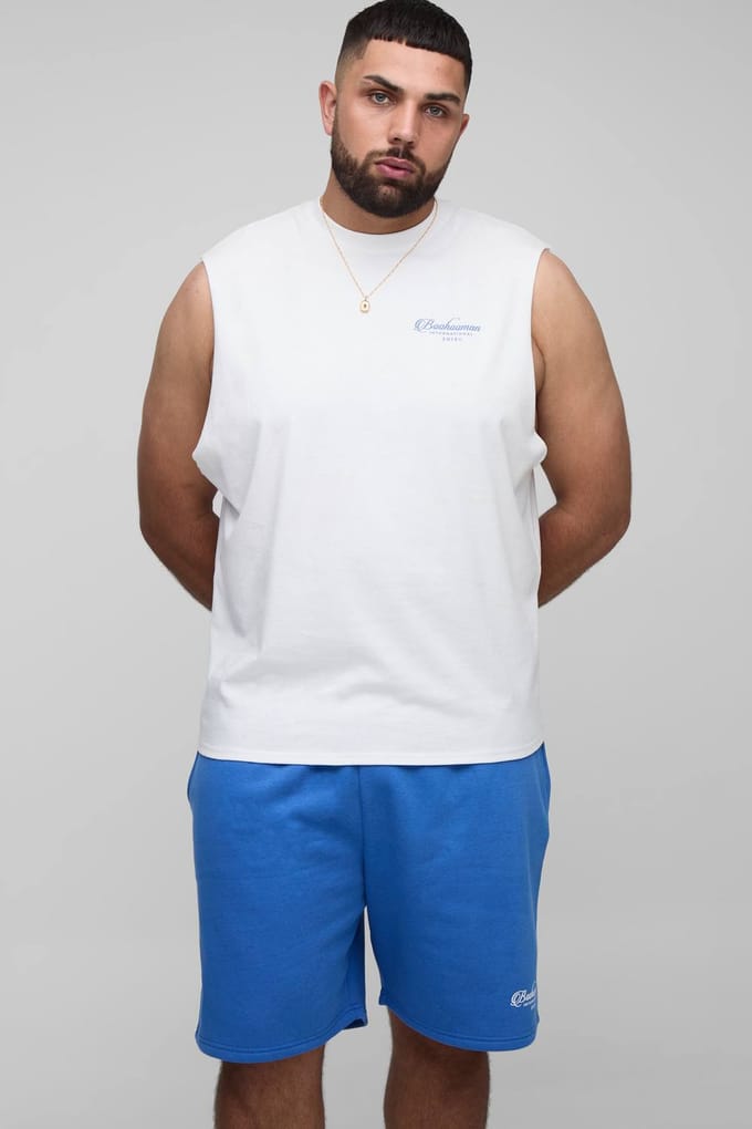 Plus Regular Fit Drop Armhole Landscape Print Tank & Relaxed Short Set | White | Size 2XL