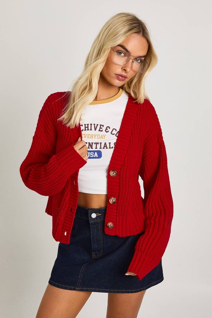 boohoo Dames Chunky gebreide cropped cardigan | Red | Maat: Small