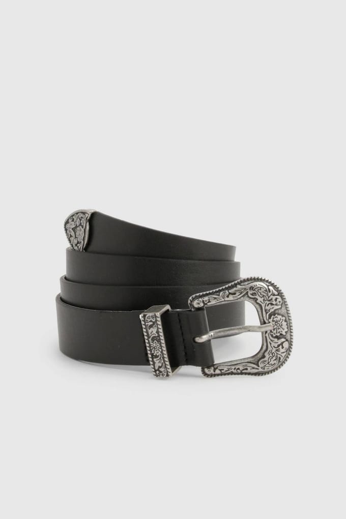 boohoo Dames Zwarte Westerse gesp riem | Black | Maat: Medium/Large