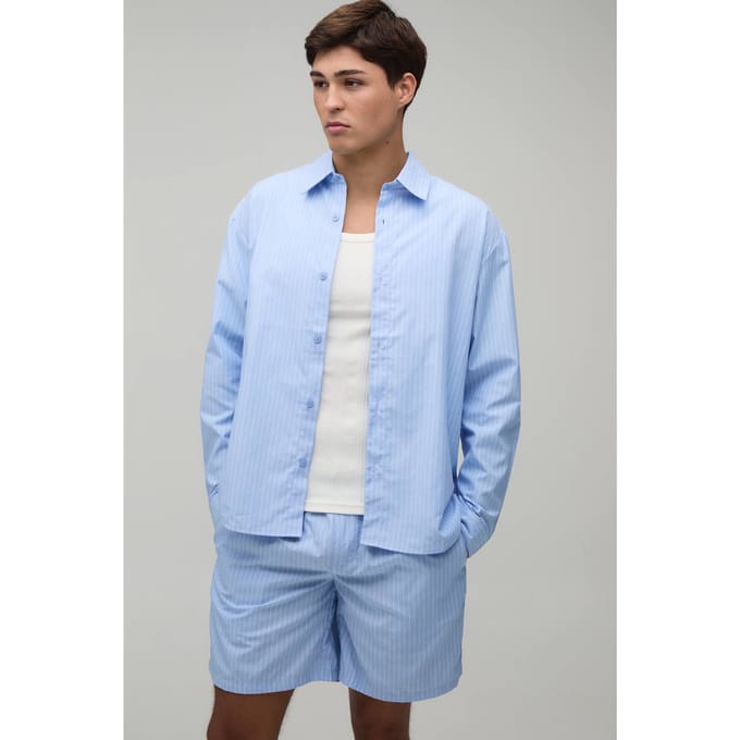Gestreepte Poplin Oversized Shirt Met Gebogen Zoom & Baggy Short Set | Blue | Size Medium