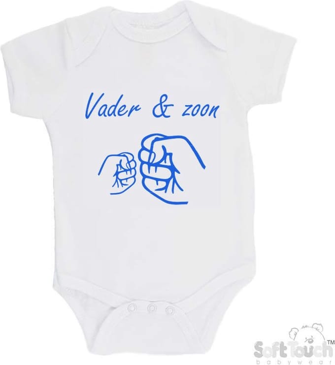 100% katoenen Romper "Vader & zoon Boks" Unisex Katoen Wit/blauw Maat 62/68 Vaderdag