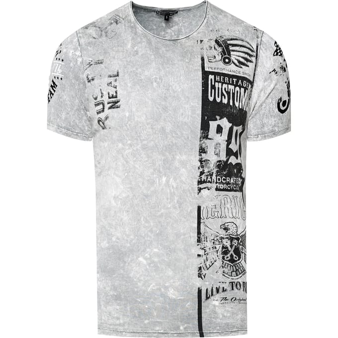 Gewassen biker T-shirt met voor- en achterkant bedrukt