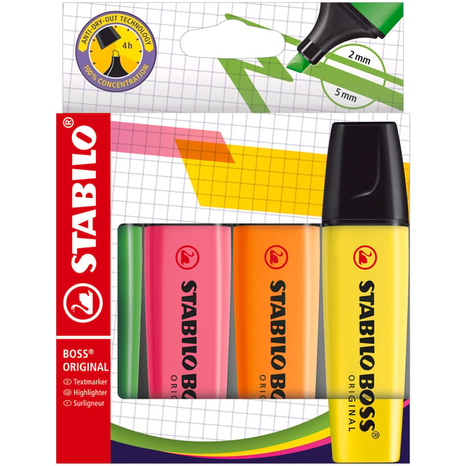 STABILO BOSS ORIGINAL - Markeerstift - Hoogste Kwaliteit - Etui Met 4 Kleuren
