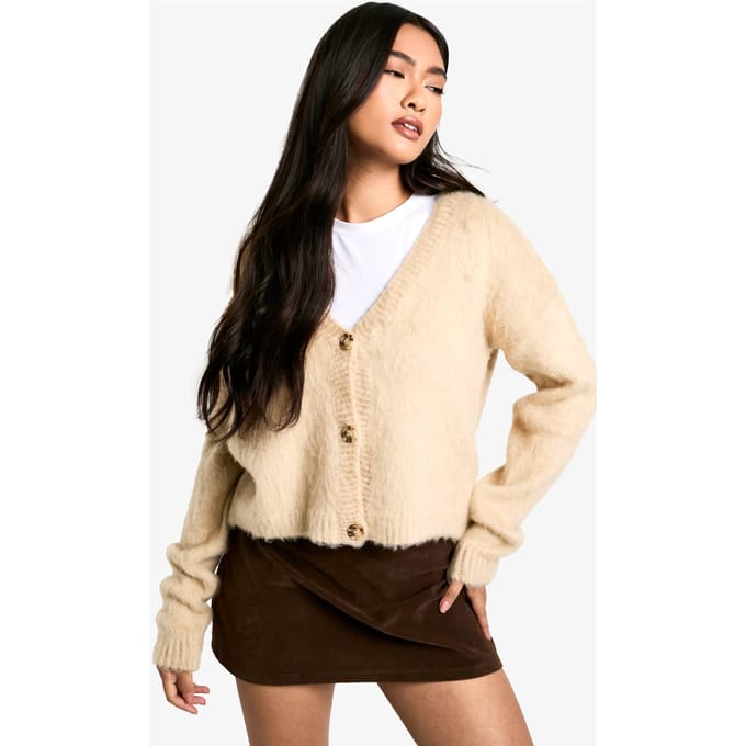 boohoo Dames Geborsteld gebreide cardigan met knoopdoorloop | Stone | Maat: Medium