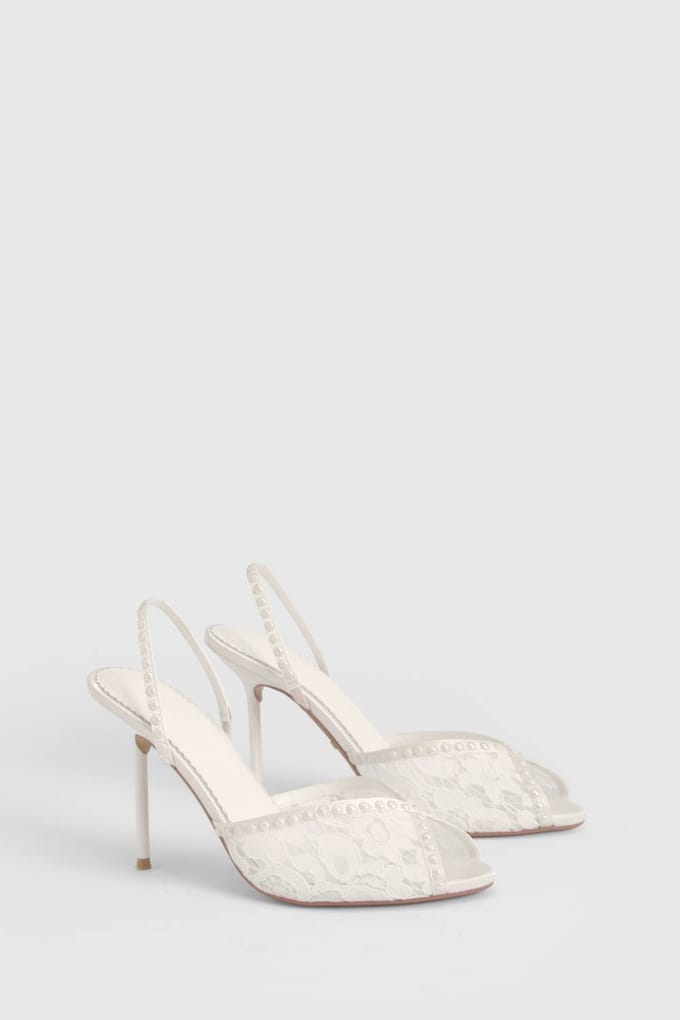boohoo Dames Bruids Kralenkant Slingback Open Teen Hakken | Wit | Maat: 41