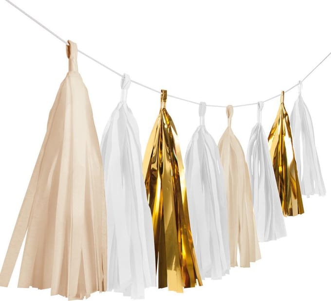 Diy Slinger Met Kwastjes 300 Cm Papier/folie Beige/wit/goud