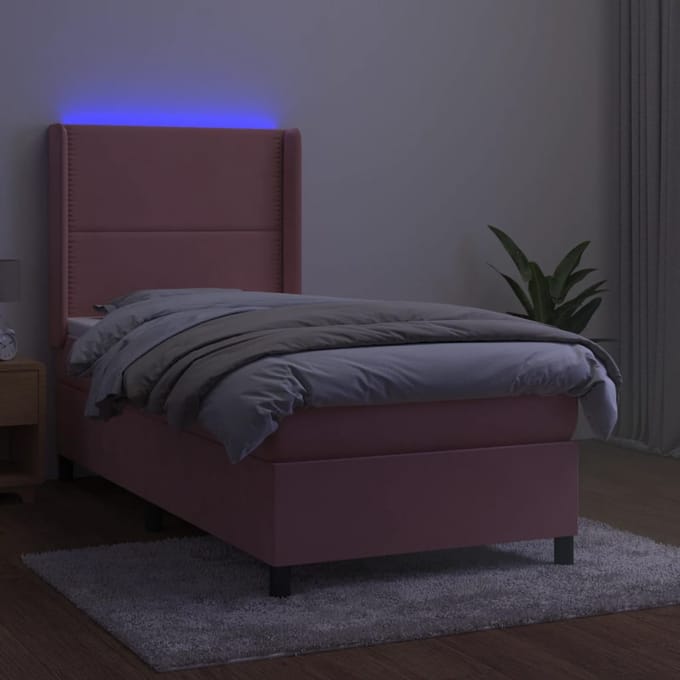 vidaXL - Boxspring - met - matras - en - LED - fluweel - roze - 90x190 - cm