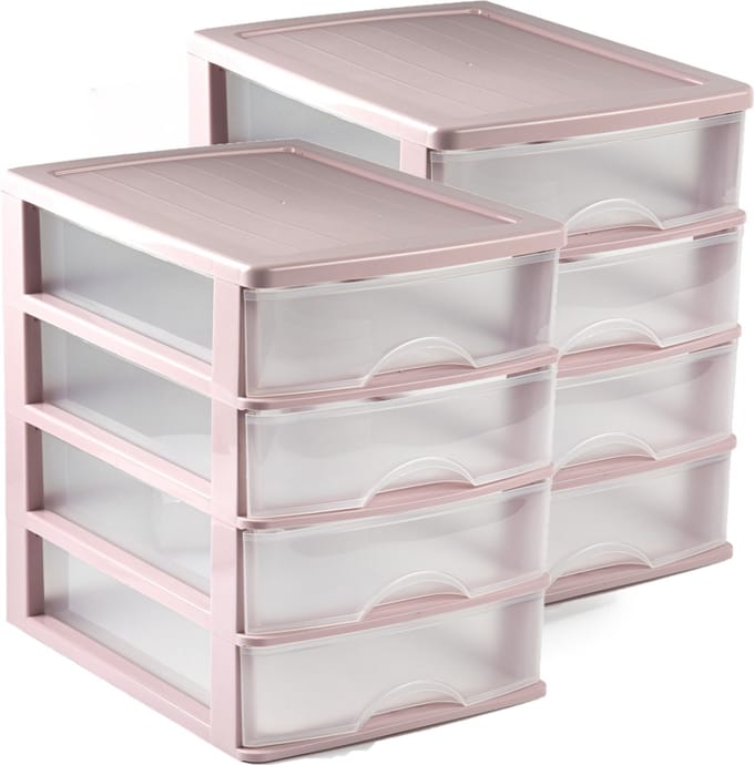 Setje van 2x stuks organizer ladeblokje 4-lades roze/transparant 35 x 27 x 35 cm van plastic