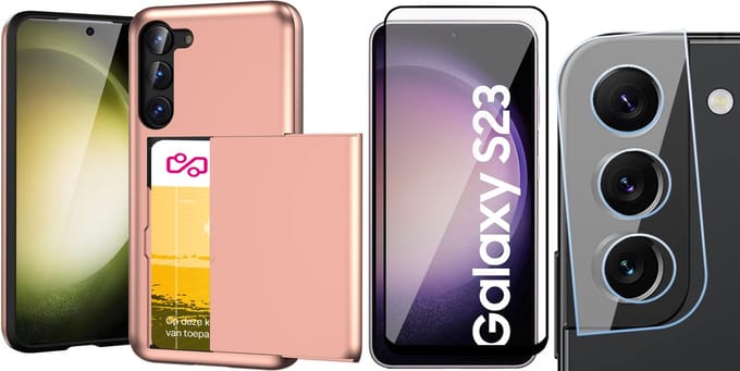 Hoesje met Pasjeshouder geschikt voor Samsung Galaxy S23 - Screenprotector FullGuard & Camera Lens Screen Protector - Back Cover SlideCase Roségoud