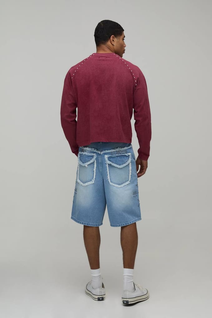 Wijde Stijve Versierde Distressed Denim Shorts Met Zakdetail | Washed Light Blue | Size 32