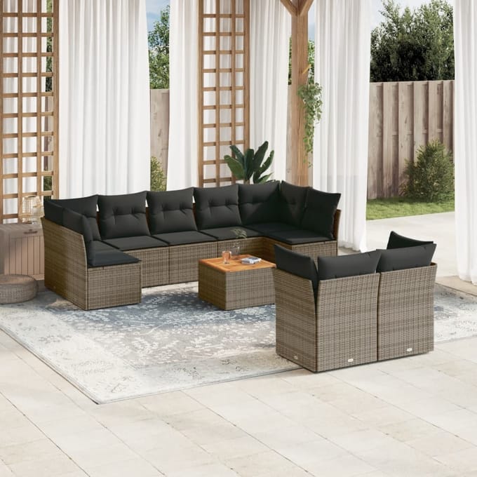 vidaXL - 10-delige - Loungeset - met - kussens - poly - rattan - grijs