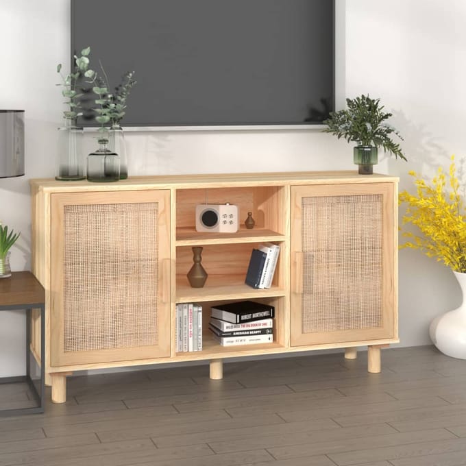 vidaXL - Dressoir - 105x30x60 - cm - massief - grenenhout - en - rattan - bruin