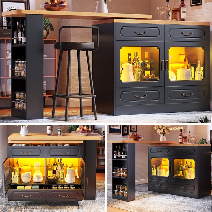 Bartafel - 135-203 x 39 x 92.8 cm - 360° Draaibare Bartafel met LED en Opbergruimte - MDF - Zwart