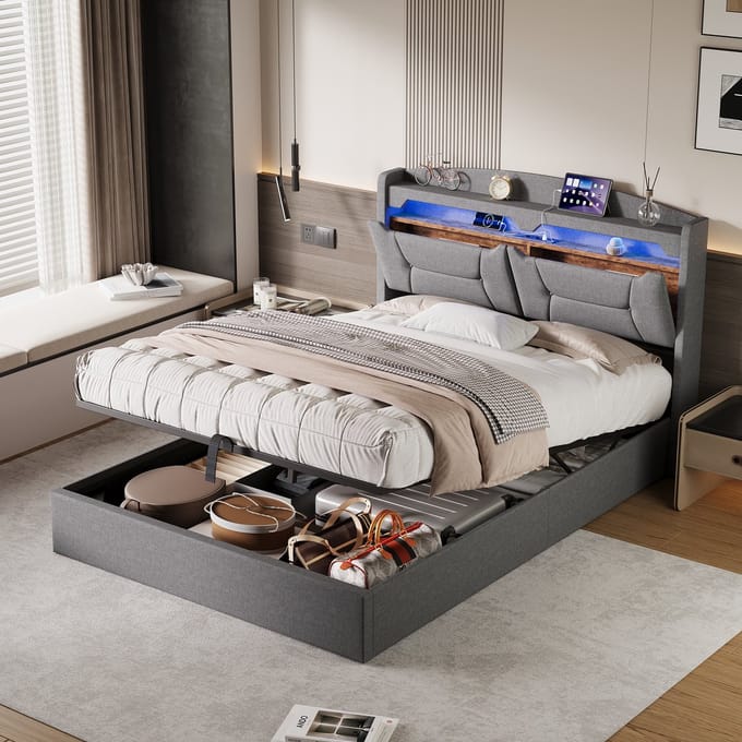 Bedframe 140x190 – Opbergruimte – LED & USB-C – Stopcontact – Grijs Linnen