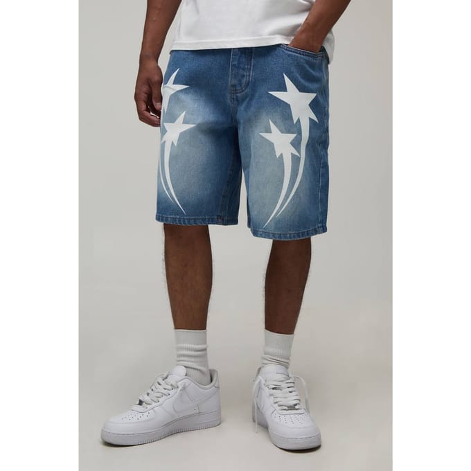 Relaxed Star Contrast Stitch Denim Shorts | Mid Blue | Size 48
