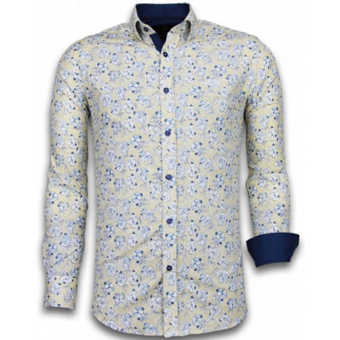 Italiaanse Overhemden - Slim Fit Overhemd - Blouse Drawn Flower Pattern - Beige