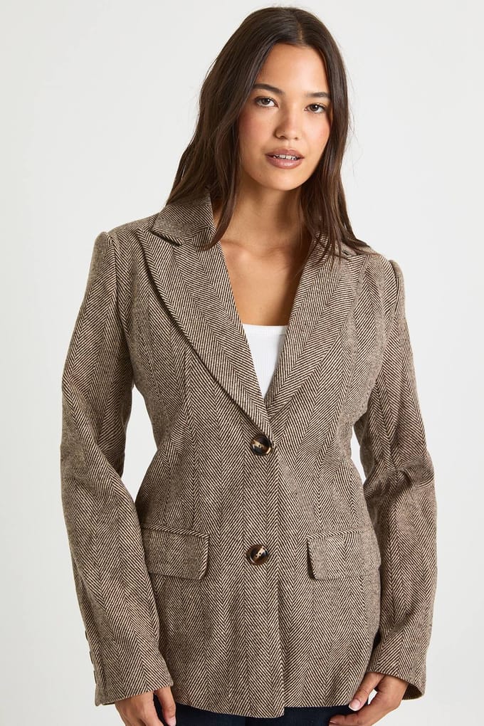 boohoo Dames Oversized enkelrijige blazer met visgraatmotief | Bruin | Maat: 38