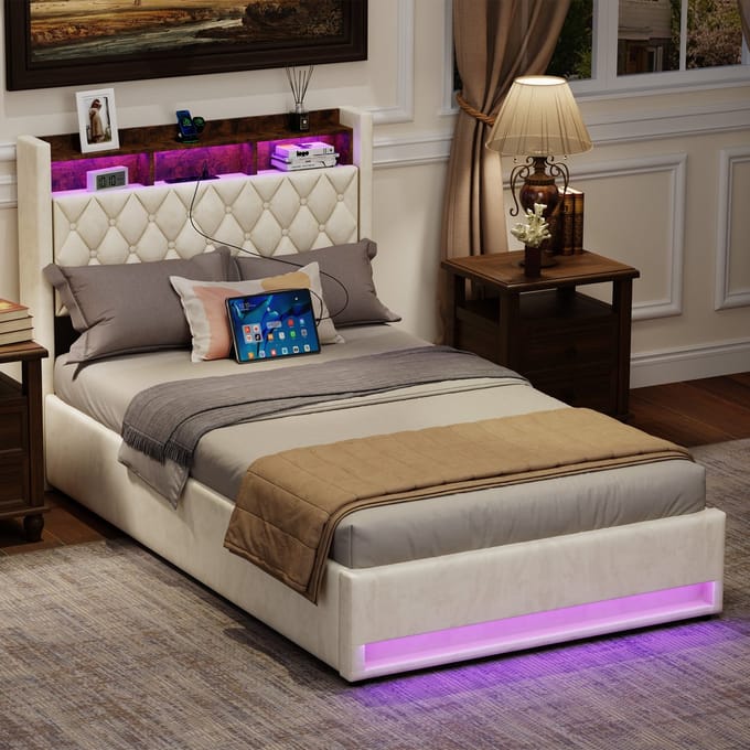 STILVORA Opbergbed 140×200cm - Gestoffeerd Bed Met LED Verlichting En USB Aansluiting - Fluweel Beige