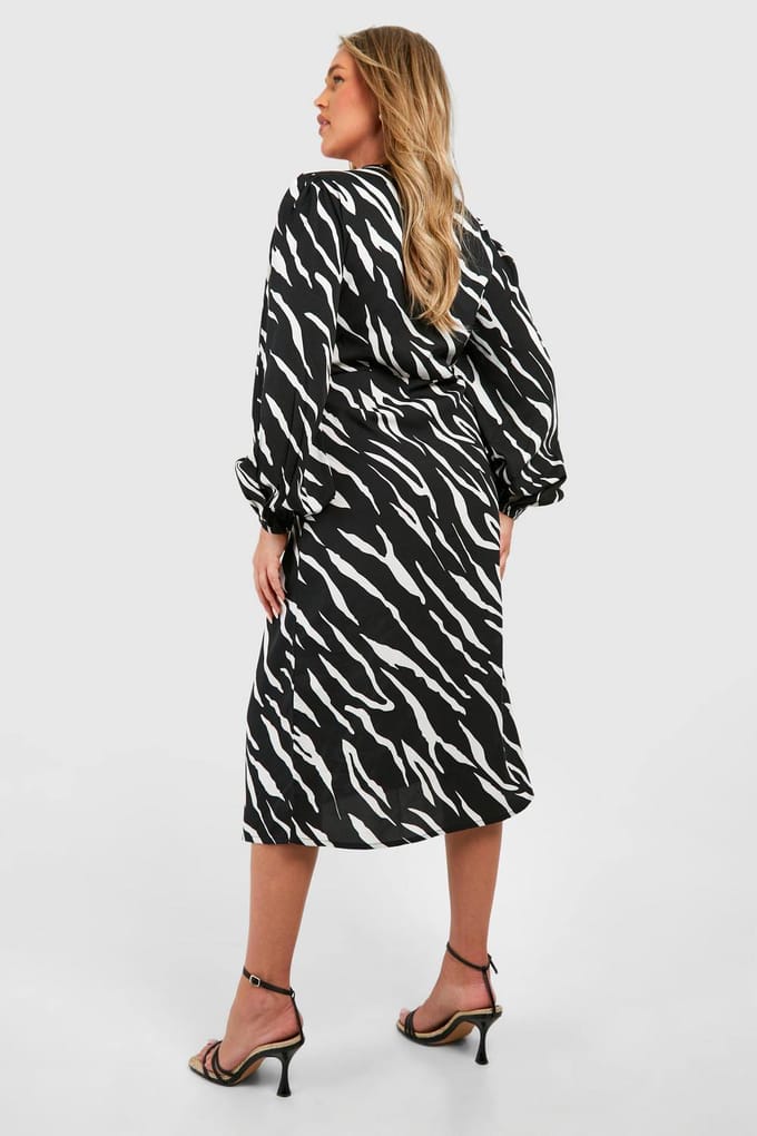 boohoo Dames Plus Animal Print Blouson Sleeve Midi Jurk | Black | Maat: 28