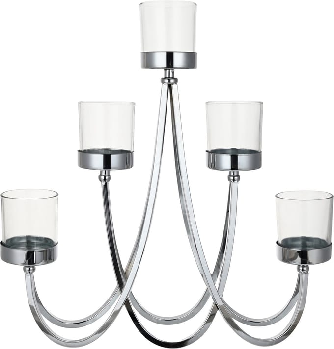 Goebel - Accessoires | Kandelaar Zilver met helder glas | Metaal - 41cm - 5 kaarsen
