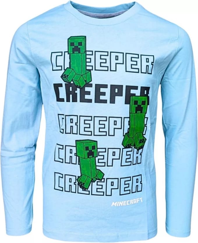 Minecraft T-shirt - Longsleeve - Lichtblauw. Maat 152 cm / 12 jaar.