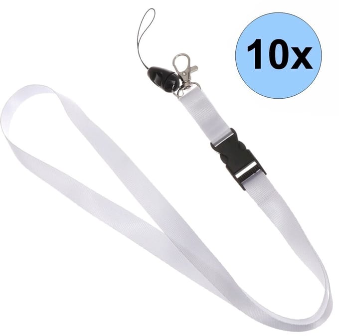 10 Witte Keycords - Keycord - Lanyard - Sleutelkoord - Badgehouder - 51cm - 20mm - Wit - 10 Stuks