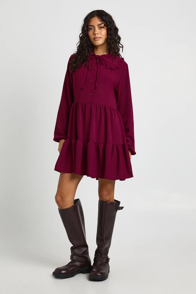 boohoo Dames Geplooide Ruches Kraag Smock Jurk | Plum | Maat: 8