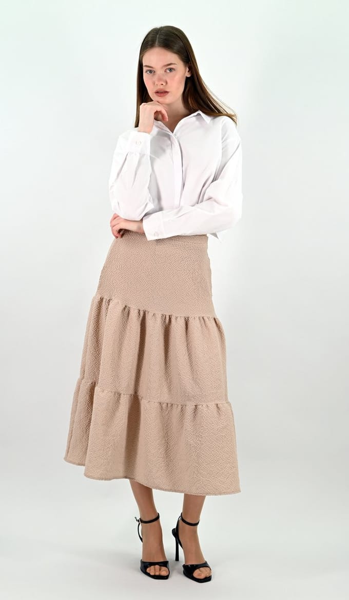 YesMooi - Beige Midi Rok - 3-Lagen Design- XL (42)