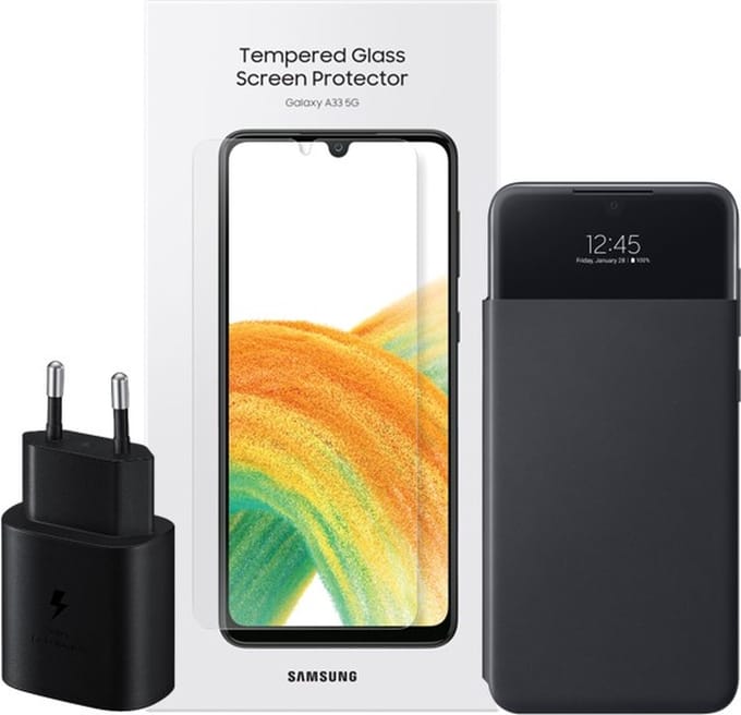 Samung Galaxy A33 bundel - met Screenprotector, Clear view hoesje en adapter - Zwart