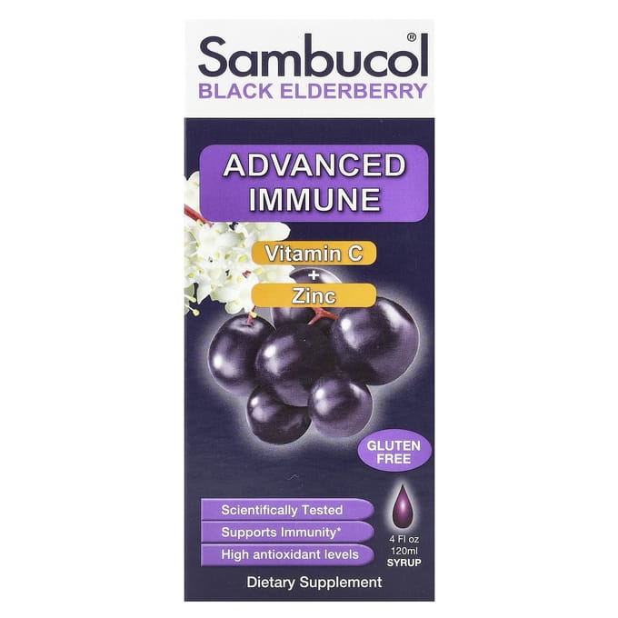 Zwarte Vlierbes Siroop, Geavanceerde Immuniteit, Vitamine C + Zink, 120 ml (4 fl oz)