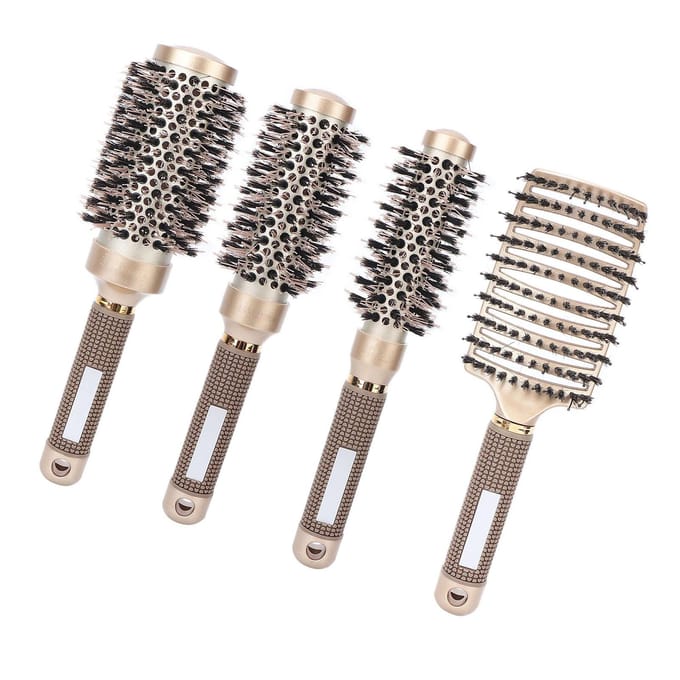 Ensemble de 4 brosses à cheveux professionnelles Brosse à cheveux en forme d'arc Brosse ronde pour brushing Boucler Doré black