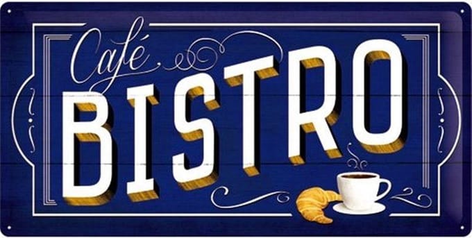 Cafe Bistro.  Metalen wandbord in reliëf 25 x 50 cm.