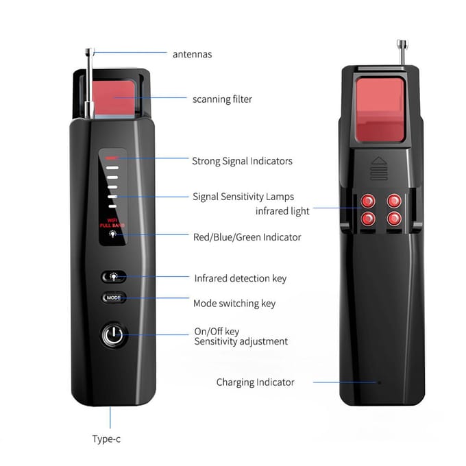 Draagbare Draadloze Camera Detector RF Detector GPS Tracker 6-Niveau Gevoeligheidsaanpassing Ingebouwd zwart