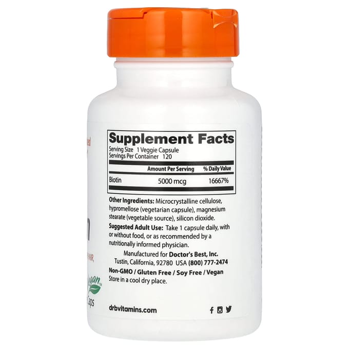 Doctor's Best, Biotine, 5 000 mcg, 120 Capsules Végétales