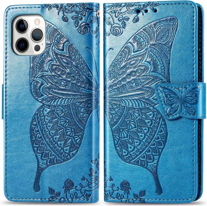 Bookcase geschikt voor Apple iPhone 12 / 12 Pro - Blauw - Vlinder - Portemonnee Hoesje