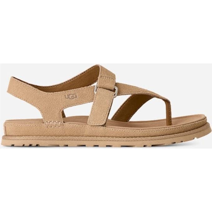 UGG® GoldenGaze Toe Post Sandal in Tan, Size 4, Suede/Polyester/Leather