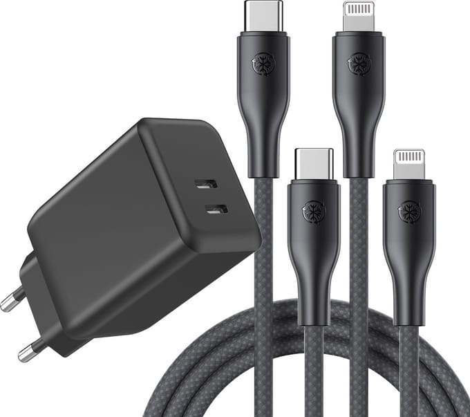 Dual 45w Snellader - 3 Meter - Oplader geschikt voor iPhone / iPad / Apple Lightning - Usb C adapter - Usb C oplader 2 poorten