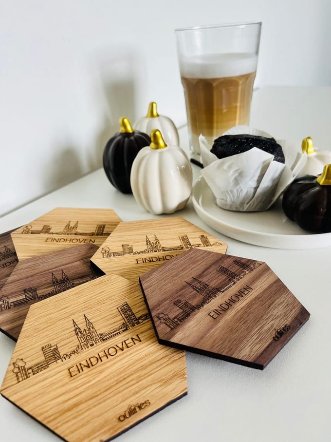 5x Onderzetters Skyline van Eindhoven - 10x9cm - Eikenhout