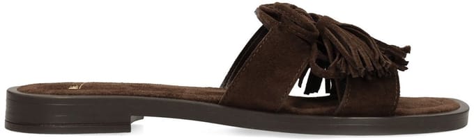 Manfield - Dames - Donkerbruine suède slippers met franjes - Maat 36
