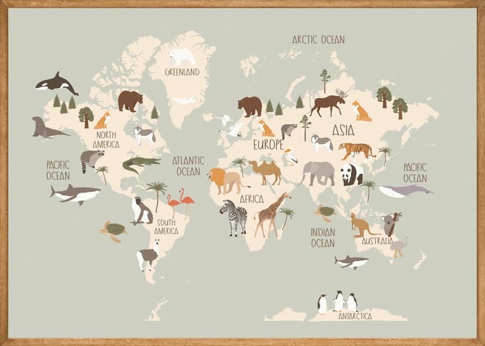 Wereldkaart Dieren Poster - 30x40 cm