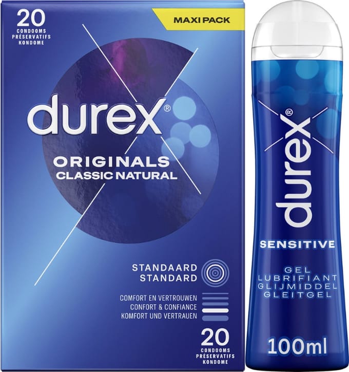 Durex - Condooms Natural 20 stuks - Glijmiddel Sensitive 250 ml - Voordeelverpakking