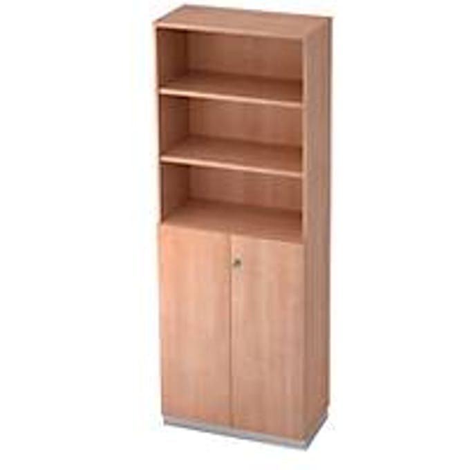 Combi-boekenkast, 6 OH, 3 open vakken + 2 afsluitbare deuren, B 800 x D 420 x 2210 mm, notenhoutdecor