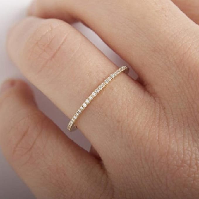 Dames Sieraden Micro Pave Zirconia Kristal Bruiloft Ring Eternity Stapelring Mode 1.0mm Rosé Goud Jubileum Ring 10 beige