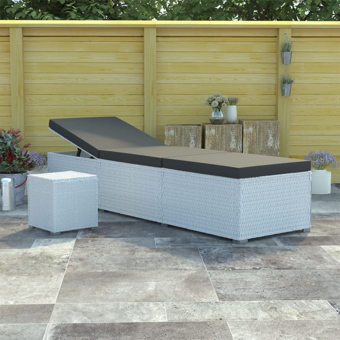 vidaXL - Ligbed - met - kussen - en - theetafel - poly - rattan - wit